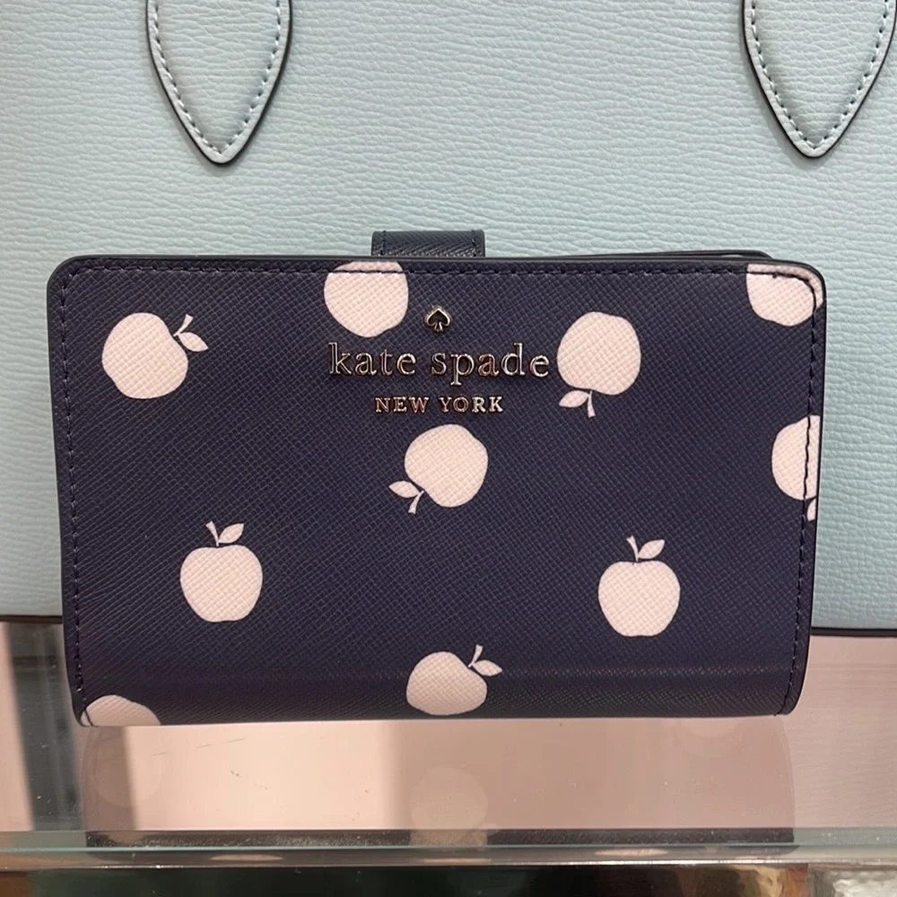 Kate Spade Staci Large White Apple Compartment Bifold Wallet BLAZER BLUE MULTI